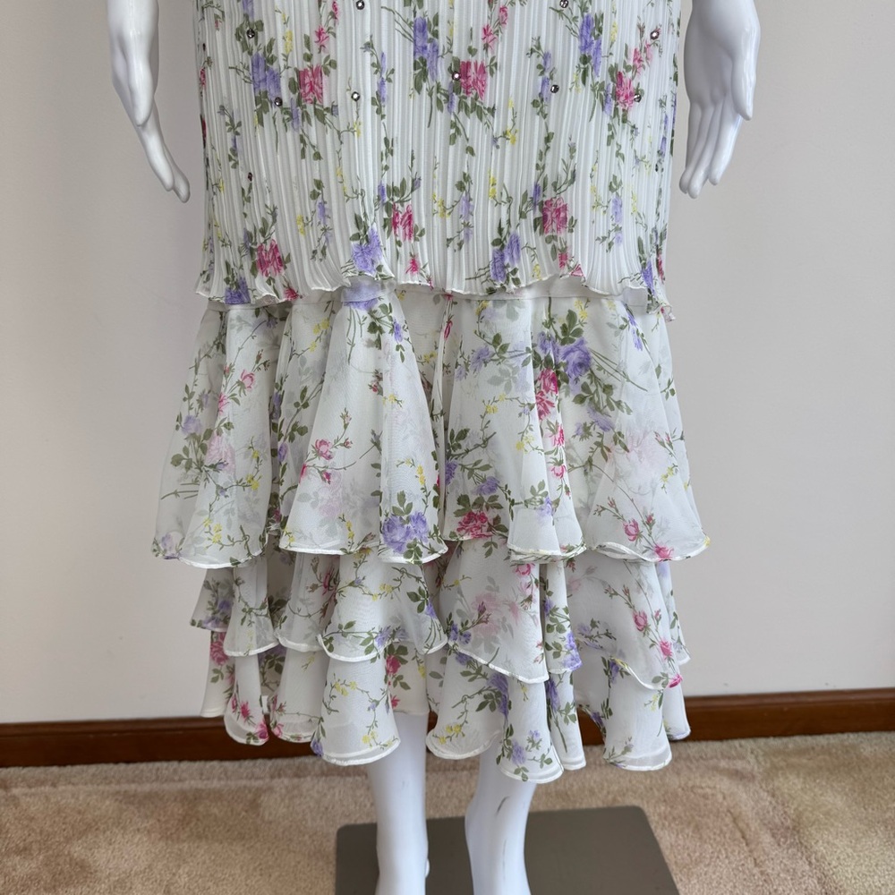 Judy Hornby I.Magnin Silk Floral Pleated Tiered Ruffle Dress 80s Art Deco Sz 14 - Picture 5 of 17